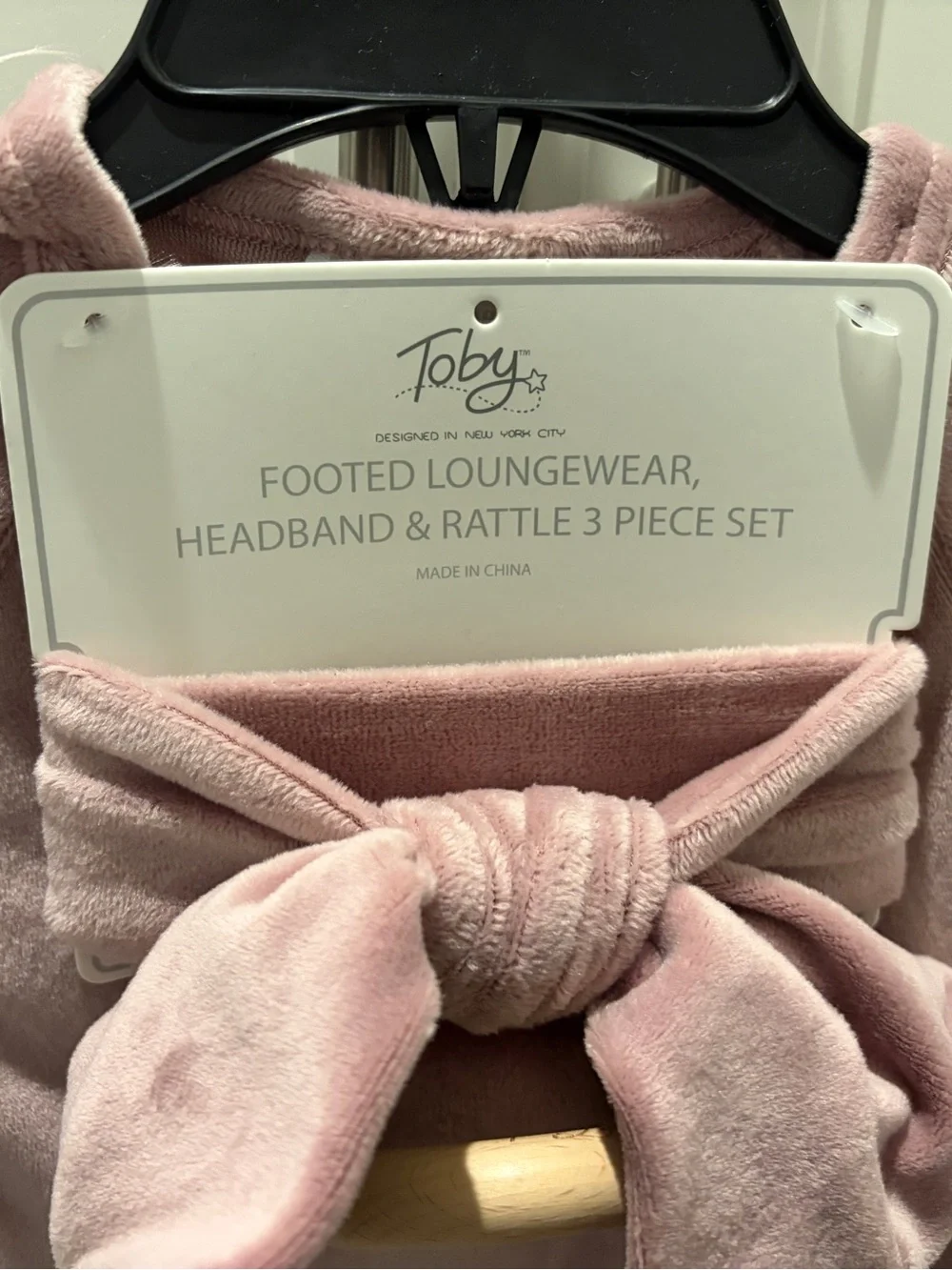 Toby Designed in NY City, Footed One-Piece with Headband & Rattle Dusty Rose